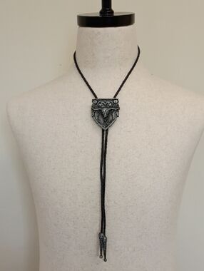 Western Bolo Tie Necklace Ornate Silver Shield Black Cord Vintage Style